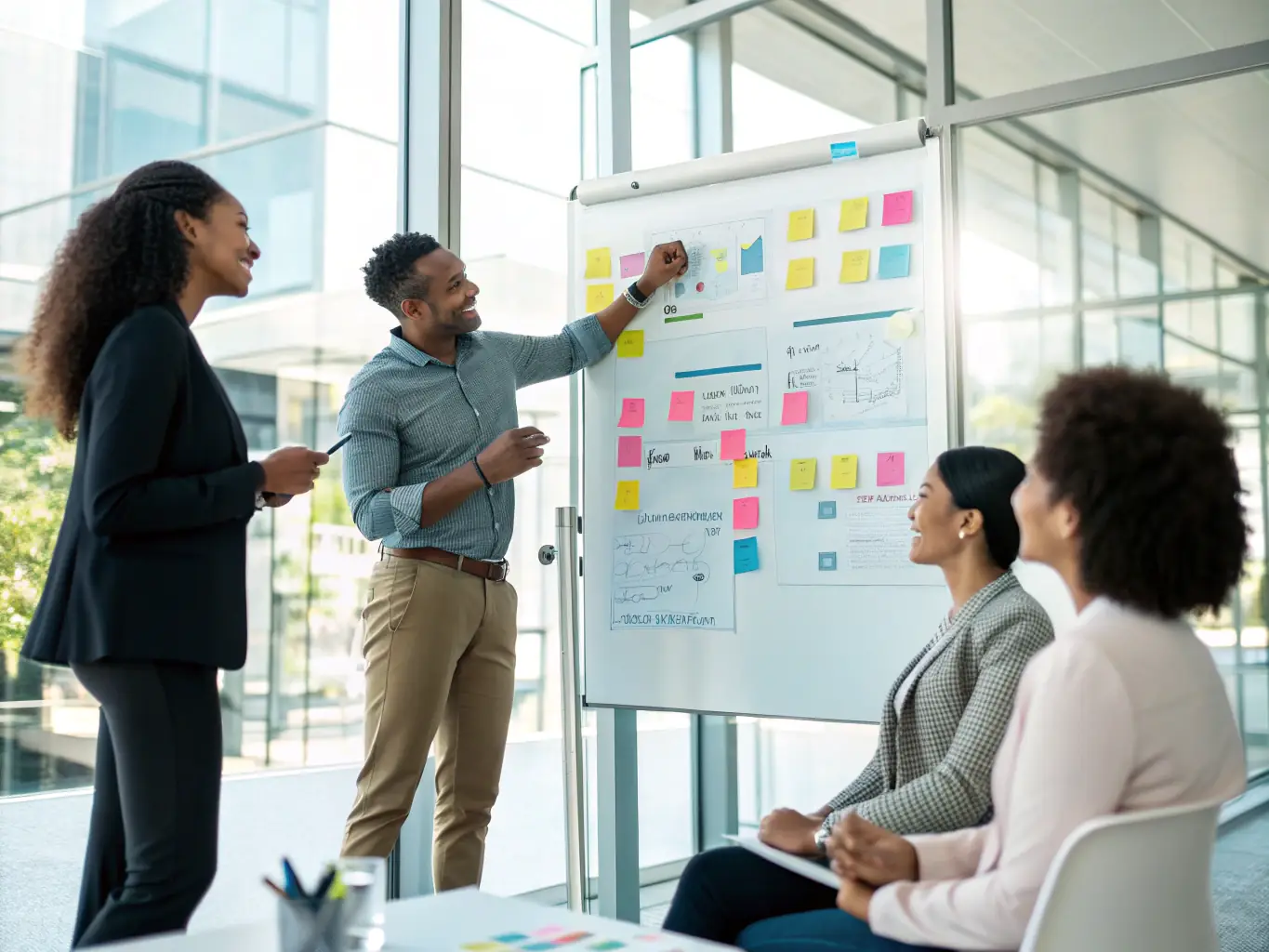 An image of a team collaborating over a marketing plan on a whiteboard, representing Lemay Consulting's digital marketing strategy service.